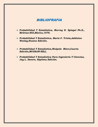 BIBLIOFRAFIA

Probabilidad Y Estadística, Murray R. Spiegel Ph.D.,
McGraw-Hill,México,1976.

Probabilidad Y Estadística, Mario F. Triola,Addision
Wesley,Novena Edición.


Probabilidad Y Estadística,Walpole Miers,Cuarta
Edición,MCGRAW-HILL.

Probabilidad Y Estadística Para Ingeniería Y Ciencias,
Jay L. Devore, Séptima Edición.
 