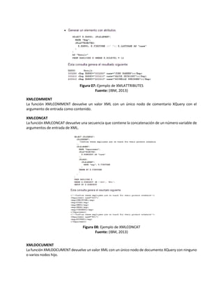 Figura 07: Ejemplo de XMLATTRIBUTES
Fuente: (IBM, 2013)
XMLCOMMENT
La función XMLCOMMENT devuelve un valor XML con un único nodo de comentario XQuery con el
argumento de entrada como contenido.
XMLCONCAT
La función XMLCONCAT devuelve una secuencia que contiene la concatenación de un número variable de
argumentos de entrada de XML.
Figura 08: Ejemplo de XMLCONCAT
Fuente: (IBM, 2013)
XMLDOCUMENT
La función XMLDOCUMENT devuelve un valor XML con un único nodo de documento XQuery con ninguno
o varios nodos hijo.
 