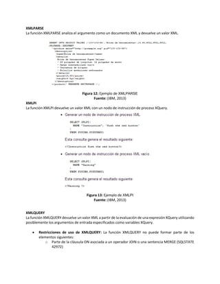 XMLPARSE
La función XMLPARSE analiza el argumento como un documento XML y devuelve un valor XML.
Figura 12: Ejemplo de XMLPARSE
Fuente: (IBM, 2013)
XMLPI
La función XMLPI devuelve un valor XML con un nodo de instrucción de proceso XQuery.
Figura 13: Ejemplo de XMLPI
Fuente: (IBM, 2013)
XMLQUERY
La función XMLQUERY devuelve un valor XML a partir de la evaluación de una expresión XQuery utilizando
posiblemente los argumentos de entrada especificados como variables XQuery.
 Restricciones de uso de XMLQUERY: La función XMLQUERY no puede formar parte de los
elementos siguientes:
o Parte de la cláusula ON asociada a un operador JOIN o una sentencia MERGE (SQLSTATE
42972)
 