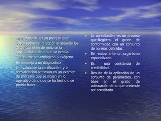 • La acreditación es un proceso
• La evaluación es un proceso que:               que:Registra el grado de
• Busca optimizar la acción analizando los       conformidad con un conjunto
    datos con el fin de mejorar la               de normas definidas.
    funcionalidad de lo que se evalúa.
                                             •   Se realiza ante un organismo
•   Que puede ser endógeno o exógeno.            especializado.
•   Se asemeja a un diagnóstico              •   Es        una constancia de
•   La evaluación la certificación y la          credibilidad.
    convalidación se basan en un examen      •   Resulta de la aplicación de un
    de procesos que se sitúan en lo              conjunto de parámetros, con
    operativo de lo que se ha hecho o se         base     en    el  grado    de
    podría hacer.                                adecuación de lo que pretende
                                                 ser acreditado.
 