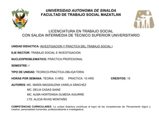 UNIVERSIDAD AUTONOMA DE SINALOA
                       FACULTAD DE TRABAJO SOCIAL MAZATLAN



                     LICENCIATURA EN TRABAJO SOCIAL
        CON SALIDA INTERMEDIA DE TECNICO SUPERIOR UNIVERSITARIO

UNIDAD DIDACTICA: INVESTIGACION Y PRACTICA DEL TRABAJO SOCIAL I

EJE RECTOR: TRABAJO SOCIAL E INVESTIGACION

NUCLEOPROBLEMATICO: PRÁCTICA PROFESIONAL

SEMESTRE: I

TIPO DE UNIDAD: TEORICO-PRACTICA-OBLIGATORIA

HORAS POR SEMANA: TEORIA: 5 HRS.             PRACTICA: 10 HRS                  CREDITOS: 15

AUTORES: MC. MARÍA MAGDALENA VARELA SÁNCHEZ
            MC. DELIA CASAS SAINZ
            MC. ALMA HORTENSIA OLMEDA AGUIRRE
            LTS. ALICIA RIVAS MONTAÑO

COMPETENCIAS CURRICULARES: La unidad didáctica contribuye al logro de las competencias de: Pensamiento lógico y
creativo, personalidad humanista, profesionalizante e investigadora.
 