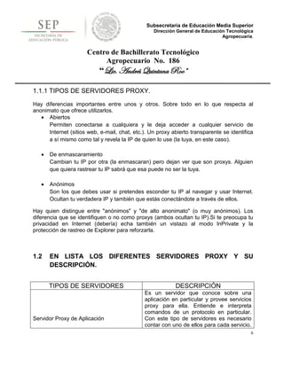 Subsecretaría de Educación Media Superior
                                                  Dirección General de Educación Tecnológica
                                                                               Agropecuaria.


                      Centro de Bachillerato Tecnológico
                           Agropecuario No. 186
                           “Lic. Andrés Quintana Roo”

1.1.1 TIPOS DE SERVIDORES PROXY.
Hay diferencias importantes entre unos y otros. Sobre todo en lo que respecta al
anonimato que ofrece utilizarlos.
    Abiertos
      Permiten conectarse a cualquiera y le deja acceder a cualquier servicio de
      Internet (sitios web, e-mail, chat, etc.). Un proxy abierto transparente se identifica
      a sí mismo como tal y revela la IP de quien lo use (la tuya, en este caso).

      De enmascaramiento
       Cambian tu IP por otra (la enmascaran) pero dejan ver que son proxys. Alguien
       que quiera rastrear tu IP sabrá que esa puede no ser la tuya.

      Anónimos
       Son los que debes usar si pretendes esconder tu IP al navegar y usar Internet.
       Ocultan tu verdadera IP y también que estás conectándote a través de ellos.

Hay quien distingue entre "anónimos" y "de alto anonimato" (o muy anónimos). Los
diferencia que se identifiquen o no como proxys (ambos ocultan tu IP).Si te preocupa tu
privacidad en Internet (debería) echa también un vistazo al modo InPrivate y la
protección de rastreo de Explorer para reforzarla.



1.2    EN LISTA LOS DIFERENTES SERVIDORES PROXY Y SU
       DESCRIPCIÓN.


       TIPOS DE SERVIDORES                                 DESCRIPCIÓN
                                              Es un servidor que conoce sobre una
                                              aplicación en particular y provee servicios
                                              proxy para ella. Entiende e interpreta
                                              comandos de un protocolo en particular.
Servidor Proxy de Aplicación                  Con este tipo de servidores es necesario
                                              contar con uno de ellos para cada servicio.
                                                                                           6
 