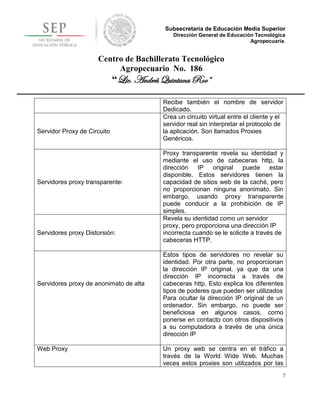 Subsecretaría de Educación Media Superior
                                             Dirección General de Educación Tecnológica
                                                                          Agropecuaria.


                     Centro de Bachillerato Tecnológico
                          Agropecuario No. 186
                             “Lic. Andrés Quintana Roo”

                                          Recibe también el nombre de servidor
                                          Dedicado.
                                          Crea un circuito virtual entre el cliente y el
                                          servidor real sin interpretar el protocolo de
Servidor Proxy de Circuito                la aplicación. Son llamados Proxies
                                          Genéricos.

                                          Proxy transparente revela su identidad y
                                          mediante el uso de cabeceras http, la
                                          dirección    IP   original puede estar
                                          disponible. Estos servidores tienen la
Servidores proxy transparente:            capacidad de sitios web de la caché, pero
                                          no proporcionan ninguna anonimato. Sin
                                          embargo, usando proxy transparente
                                          puede conducir a la prohibición de IP
                                          simples.
                                          Revela su identidad como un servidor
                                          proxy, pero proporciona una dirección IP
Servidores proxy Distorsión:              incorrecta cuando se le solicite a través de
                                          cabeceras HTTP.

                                          Estos tipos de servidores no revelar su
                                          identidad. Por otra parte, no proporcionan
                                          la dirección IP original, ya que da una
                                          dirección IP incorrecta a través de
Servidores proxy de anonimato de alta     cabeceras http. Esto explica los diferentes
                                          tipos de poderes que pueden ser utilizados
                                          Para ocultar la dirección IP original de un
                                          ordenador. Sin embargo, no puede ser
                                          beneficiosa en algunos casos, como
                                          ponerse en contacto con otros dispositivos
                                          a su computadora a través de una única
                                          dirección IP

Web Proxy                                 Un proxy web se centra en el tráfico a
                                          través de la World Wide Web. Muchas
                                          veces estos proxies son utilizados por las
                                                                                       7
 