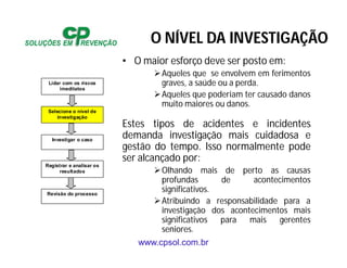 www.cpsol.com.br
• O maior esforço deve ser posto em:
Aqueles que se envolvem em ferimentos
graves, a saúde ou a perda.
Aqueles que poderiam ter causado danos
muito maiores ou danos.
Estes tipos de acidentes e incidentes
demanda investigação mais cuidadosa e
gestão do tempo. Isso normalmente pode
ser alcançado por:
Olhando mais de perto as causas
profundas de acontecimentos
significativos.
Atribuindo a responsabilidade para a
investigação dos acontecimentos mais
significativos para mais gerentes
seniores.
Lidar com os riscos
imeditatos
Selecione o nível de
investigação
Investigar o caso
Registrar e analisar os
resultados
Revisão do processo
O NÍVEL DA INVESTIGAÇÃO
 