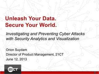 Investigating and Preventing Cyber Attacks
with Security Analytics and Visualization
Orion Suydam
Director of Product Management, 21CT
June 12, 2013
Unleash Your Data.
Secure Your World.
 