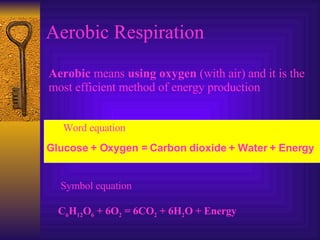 Aerobic Respiration Aerobic  means  using oxygen  (with air) and it is the most efficient method of energy production Word equation Glucose + Oxygen = Carbon dioxide + Water + Energy Symbol equation C 6 H 12 O 6  + 6O 2  = 6CO 2  + 6H 2 O + Energy 