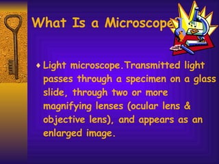 What Is a Microscope? Light microscope.Transmitted light passes through a specimen on a glass slide, through two or more magnifying lenses (ocular lens & objective lens), and appears as an enlarged image.  