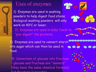 Uses of enzymes 1)  Enzymes are used in washing powders to help digest food stains.  Biological washing powders  will only work on 40 0 C or lower. 2)  Enzymes are used in baby foods to “pre-digest” the proteins. 3)  Enzymes are used to convert starch into sugar which can then be used in food. 4)  Conversion of glucose into fructose – glucose and fructose are “isomers” (they have the same chemical formula), but fructose is sweeter. Daz 