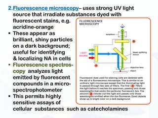 2.Fluorescence microscopy– uses strong UV light
  source that irradiate substances dyed with
  fluorescent stains, e.g.
  acridine-orange
 These appear as
  brilliant, shiny particles
  on a dark background;
  useful for identifying
  & localizing NA in cells
 Fluorescence spectros-
  copy analyzes light
  emitted by fluorescent
  compounds in a micro-
  spectrophotometer
 This permits highly
  sensitive assays of
  cellular substances such as catecholamines
 