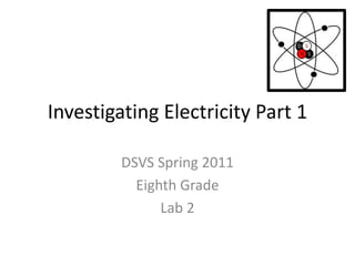 Investigating Electricity Part 1 DSVS Spring 2011 Eighth Grade Lab 2 