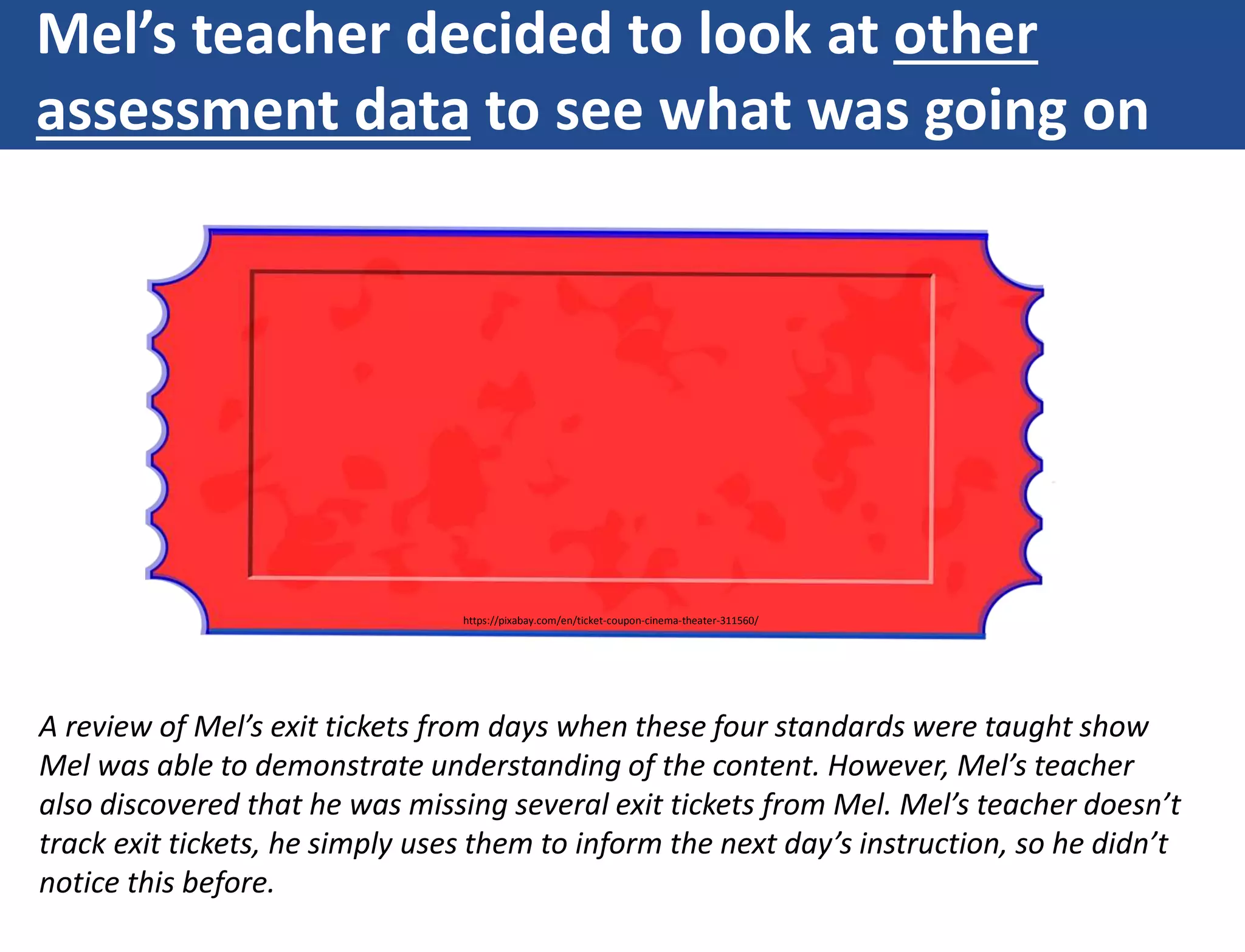 Mel’s teacher decided to look at other
assessment data to see what was going on
A review of Mel’s exit tickets from days when these four standards were taught show
Mel was able to demonstrate understanding of the content. However, Mel’s teacher
also discovered that he was missing several exit tickets from Mel. Mel’s teacher doesn’t
track exit tickets, he simply uses them to inform the next day’s instruction, so he didn’t
notice this before.
https://pixabay.com/en/ticket-coupon-cinema-theater-311560/
 