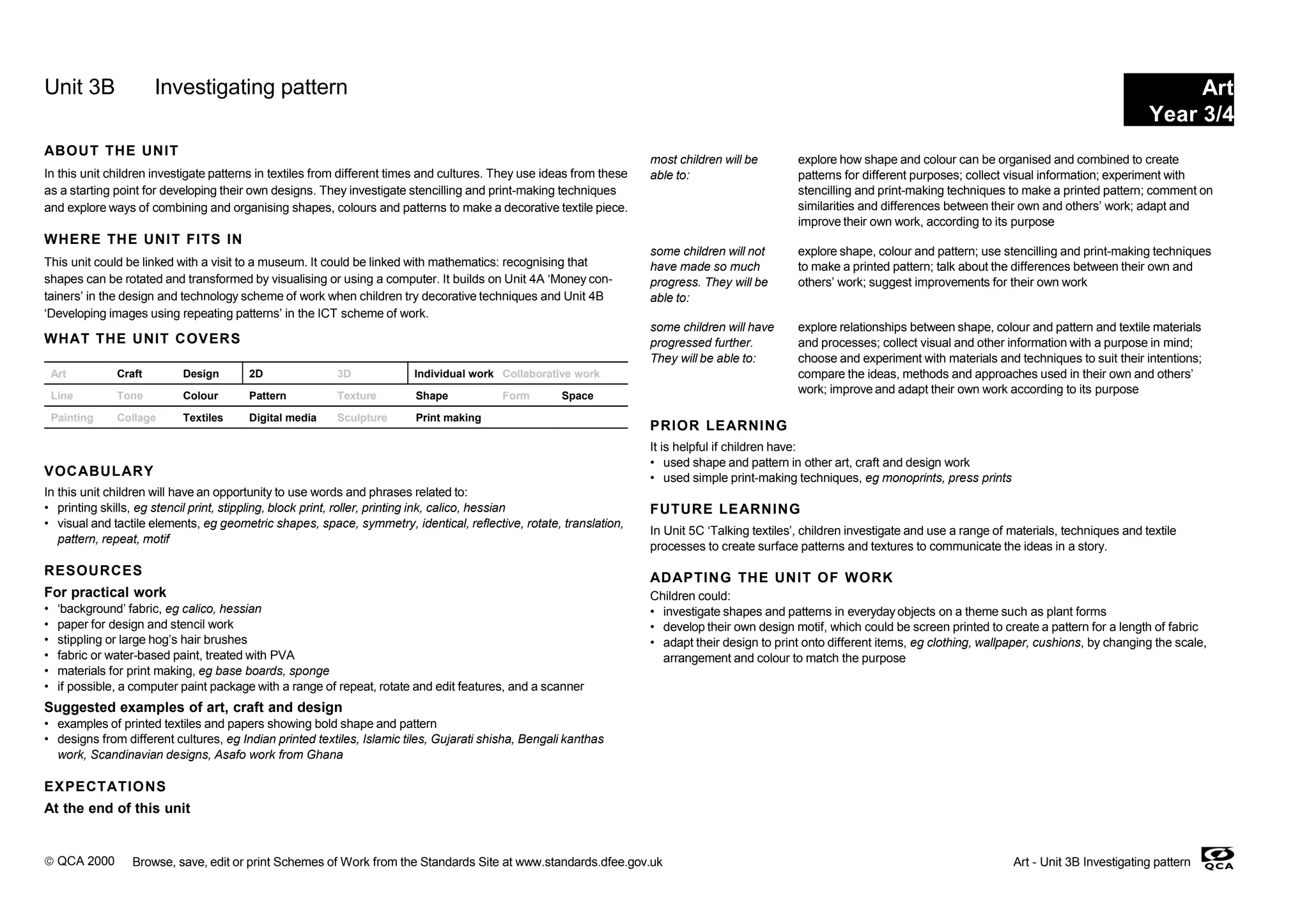 Unit 3B Investigating pattern Art
Year 3/4
ABOUT THE UNIT
In this unit children investigate patterns in textiles from different times and cultures. They use ideas from these
as a starting point for developing their own designs. They investigate stencilling and print-making techniques
and explore ways of combining and organising shapes, colours and patterns to make a decorative textile piece.
WHERE THE UNIT FITS IN
This unit could be linked with a visit to a museum. It could be linked with mathematics: recognising that
shapes can be rotated and transformed by visualising or using a computer. It builds on Unit 4A ‘Money con-
tainers’ in the design and technology scheme of work when children try decorative techniques and Unit 4B
‘Developing images using repeating patterns’ in the ICT scheme of work.
WHAT THE UNIT COVERS
VOCABULARY
In this unit children will have an opportunity to use words and phrases related to:
• printing skills, eg stencil print, stippling, block print, roller, printing ink, calico, hessian
• visual and tactile elements, eg geometric shapes, space, symmetry, identical, reflective, rotate, translation,
pattern, repeat, motif
RESOURCES
For practical work
• ‘background’ fabric, eg calico, hessian
• paper for design and stencil work
• stippling or large hog’s hair brushes
• fabric or water-based paint, treated with PVA
• materials for print making, eg base boards, sponge
• if possible, a computer paint package with a range of repeat, rotate and edit features, and a scanner
Suggested examples of art, craft and design
• examples of printed textiles and papers showing bold shape and pattern
• designs from different cultures, eg Indian printed textiles, Islamic tiles, Gujarati shisha, Bengali kanthas
work, Scandinavian designs, Asafo work from Ghana
EXPECTATIONS
At the end of this unit
most children will be
able to:
explore how shape and colour can be organised and combined to create
patterns for different purposes; collect visual information; experiment with
stencilling and print-making techniques to make a printed pattern; comment on
similarities and differences between their own and others’ work; adapt and
improve their own work, according to its purpose
some children will not
have made so much
progress. They will be
able to:
explore shape, colour and pattern; use stencilling and print-making techniques
to make a printed pattern; talk about the differences between their own and
others’ work; suggest improvements for their own work
some children will have
progressed further.
They will be able to:
explore relationships between shape, colour and pattern and textile materials
and processes; collect visual and other information with a purpose in mind;
choose and experiment with materials and techniques to suit their intentions;
compare the ideas, methods and approaches used in their own and others’
work; improve and adapt their own work according to its purpose
PRIOR LEARNING
It is helpful if children have:
• used shape and pattern in other art, craft and design work
• used simple print-making techniques, eg monoprints, press prints
FUTURE LEARNING
In Unit 5C ‘Talking textiles’, children investigate and use a range of materials, techniques and textile
processes to create surface patterns and textures to communicate the ideas in a story.
ADAPTING THE UNIT OF WORK
Children could:
• investigate shapes and patterns in everyday objects on a theme such as plant forms
• develop their own design motif, which could be screen printed to create a pattern for a length of fabric
• adapt their design to print onto different items, eg clothing, wallpaper, cushions, by changing the scale,
arrangement and colour to match the purpose
© QCA 2000 Browse, save, edit or print Schemes of Work from the Standards Site at www.standards.dfee.gov.uk Art - Unit 3B Investigating pattern
Art Craft Design 2D 3D Individual work Collaborative work
Line Tone Colour Pattern Texture Shape Form Space
Painting Collage Textiles Digital media Sculpture Print making
 