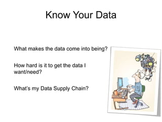 Know Your Data
What makes the data come into being?
How hard is it to get the data I
want/need?
What’s my Data Supply Chain?
 