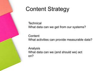 Content Strategy
Content
What activities can provide measurable data?
Analysis
What data can we (and should we) act
on?
Technical
What data can we get from our systems?
 