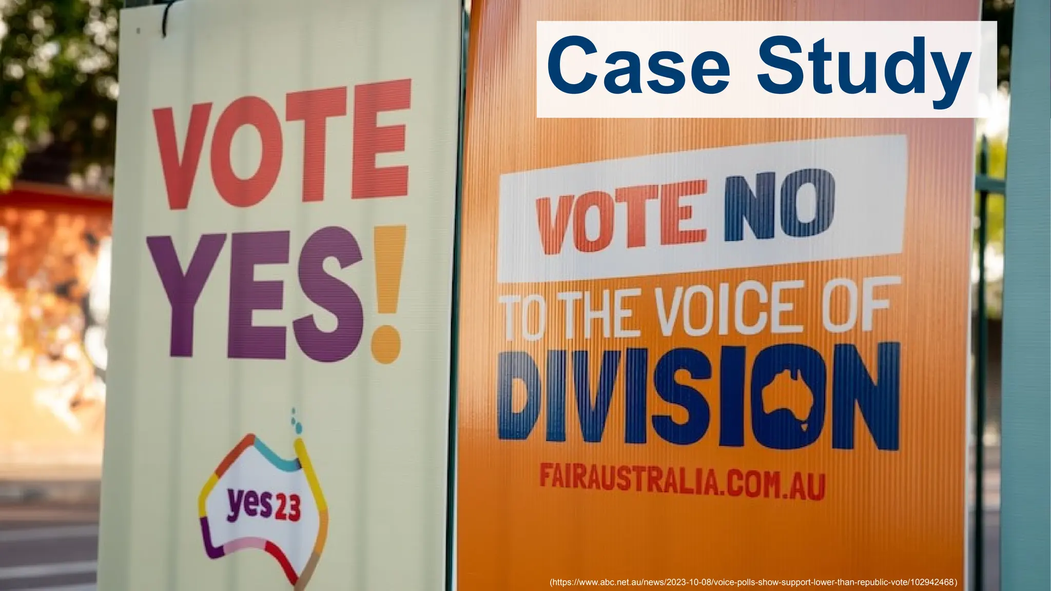 CRICOS No.00213J
Case Study
(https://www.abc.net.au/news/2023-10-08/voice-polls-show-support-lower-than-republic-vote/102942468)
 