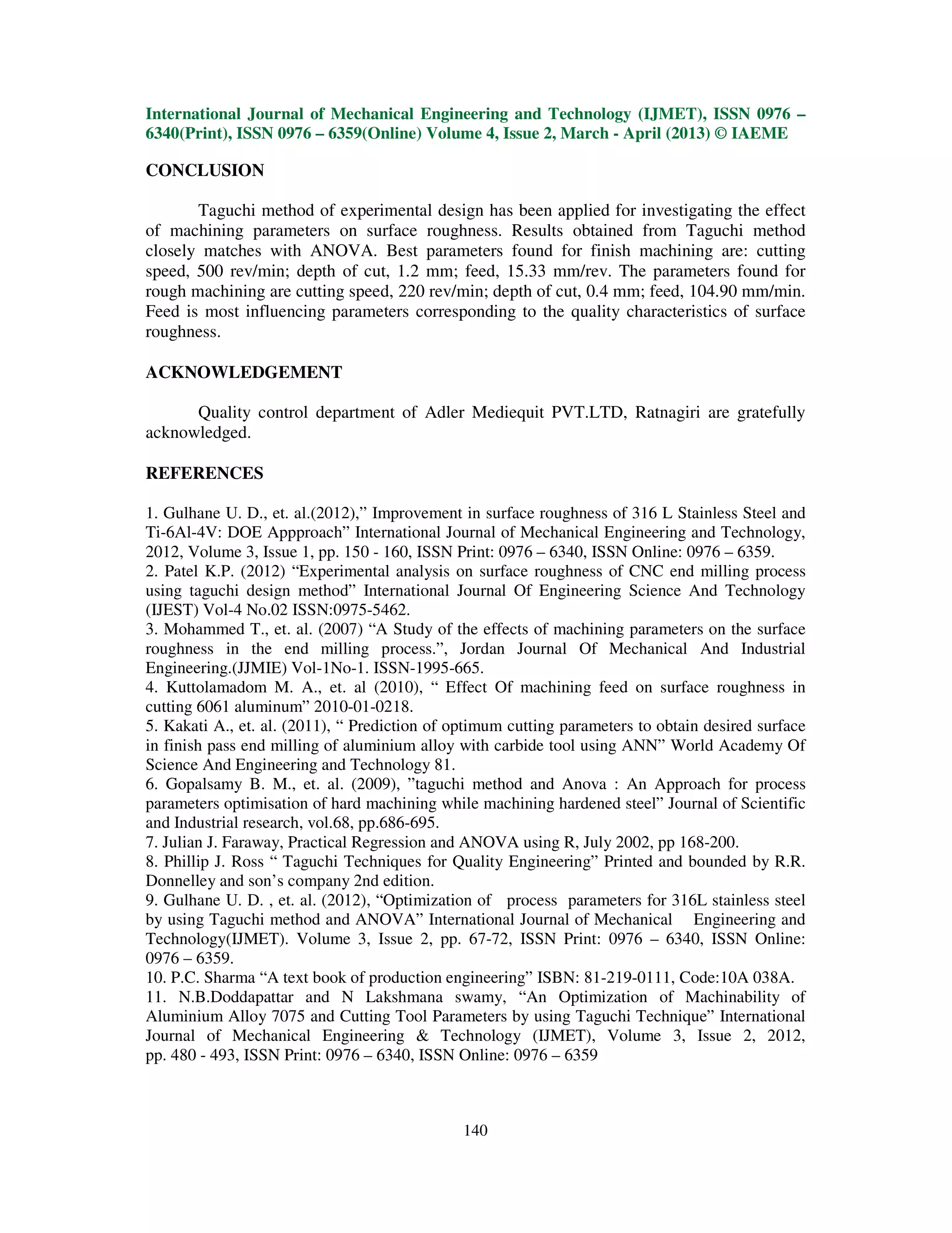 International Journal of Mechanical Engineering and Technology (IJMET), ISSN 0976 –
6340(Print), ISSN 0976 – 6359(Online) Volume 4, Issue 2, March - April (2013) © IAEME

CONCLUSION

       Taguchi method of experimental design has been applied for investigating the effect
of machining parameters on surface roughness. Results obtained from Taguchi method
closely matches with ANOVA. Best parameters found for finish machining are: cutting
speed, 500 rev/min; depth of cut, 1.2 mm; feed, 15.33 mm/rev. The parameters found for
rough machining are cutting speed, 220 rev/min; depth of cut, 0.4 mm; feed, 104.90 mm/min.
Feed is most influencing parameters corresponding to the quality characteristics of surface
roughness.

ACKNOWLEDGEMENT

      Quality control department of Adler Mediequit PVT.LTD, Ratnagiri are gratefully
acknowledged.

REFERENCES

1. Gulhane U. D., et. al.(2012),” Improvement in surface roughness of 316 L Stainless Steel and
Ti-6Al-4V: DOE Appproach” International Journal of Mechanical Engineering and Technology,
2012, Volume 3, Issue 1, pp. 150 - 160, ISSN Print: 0976 – 6340, ISSN Online: 0976 – 6359.
2. Patel K.P. (2012) “Experimental analysis on surface roughness of CNC end milling process
using taguchi design method” International Journal Of Engineering Science And Technology
(IJEST) Vol-4 No.02 ISSN:0975-5462.
3. Mohammed T., et. al. (2007) “A Study of the effects of machining parameters on the surface
roughness in the end milling process.”, Jordan Journal Of Mechanical And Industrial
Engineering.(JJMIE) Vol-1No-1. ISSN-1995-665.
4. Kuttolamadom M. A., et. al (2010), “ Effect Of machining feed on surface roughness in
cutting 6061 aluminum” 2010-01-0218.
5. Kakati A., et. al. (2011), “ Prediction of optimum cutting parameters to obtain desired surface
in finish pass end milling of aluminium alloy with carbide tool using ANN” World Academy Of
Science And Engineering and Technology 81.
6. Gopalsamy B. M., et. al. (2009), ”taguchi method and Anova : An Approach for process
parameters optimisation of hard machining while machining hardened steel” Journal of Scientific
and Industrial research, vol.68, pp.686-695.
7. Julian J. Faraway, Practical Regression and ANOVA using R, July 2002, pp 168-200.
8. Phillip J. Ross “ Taguchi Techniques for Quality Engineering” Printed and bounded by R.R.
Donnelley and son’s company 2nd edition.
9. Gulhane U. D. , et. al. (2012), “Optimization of process parameters for 316L stainless steel
by using Taguchi method and ANOVA” International Journal of Mechanical Engineering and
Technology(IJMET). Volume 3, Issue 2, pp. 67-72, ISSN Print: 0976 – 6340, ISSN Online:
0976 – 6359.
10. P.C. Sharma “A text book of production engineering” ISBN: 81-219-0111, Code:10A 038A.
11. N.B.Doddapattar and N Lakshmana swamy, “An Optimization of Machinability of
Aluminium Alloy 7075 and Cutting Tool Parameters by using Taguchi Technique” International
Journal of Mechanical Engineering & Technology (IJMET), Volume 3, Issue 2, 2012,
pp. 480 - 493, ISSN Print: 0976 – 6340, ISSN Online: 0976 – 6359



                                               140
 