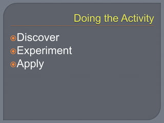 Discover
Experiment
Apply
 