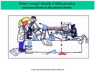 What’s wrong? Identify 9 different safety  concerns shown in the picture below.  Image: http://morrisonlabs.com/lab_safety.htm 