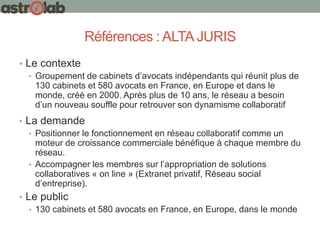 Références : ALTA JURIS
• Le contexte
• Groupement de cabinets d’avocats indépendants qui réunit plus de
130 cabinets et 580 avocats en France, en Europe et dans le
monde, créé en 2000. Après plus de 10 ans, le réseau a besoin
d’un nouveau souffle pour retrouver son dynamisme collaboratif
• La demande
• Positionner le fonctionnement en réseau collaboratif comme un
moteur de croissance commerciale bénéfique à chaque membre du
réseau.
• Accompagner les membres sur l’appropriation de solutions
collaboratives « on line » (Extranet privatif, Réseau social
d’entreprise).
• Le public
• 130 cabinets et 580 avocats en France, en Europe, dans le monde
 