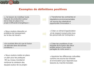 « Apprécier les différences culturelles
comme une source de richesse
et d’innovation pour répondre aux
besoins du marché mondial»
« Nous voulons mettre en place
un plan pour les pratiques
RH au niveau mondial et
renforcer la cohésion des
équipes autour de ce projet»
« Nous voulons résoudre un
problème de harassement
sur le lieu de travail »
« Créer un climat d’appréciation
et de respect mutuel entre tous
les personnels de l’entreprise »
«Je voudrais être sûr que la fusion
se déroule dans de bonnes
conditions »
« Créer les conditions d’une
réussite de la fusion des deux
entités autour d’une vision
partagée de notre avenir »
« J’ai besoin de mobiliser toute
l’équipe de production autour
de la mise en place d’un
projet d’efficacité énergétique »
« Transformer les contraintes et
régulations environnementales
en source de créativité et
opportunité d’innovation »
Exemples de définitions positives
 