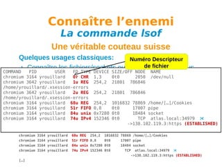 Connaître l’ennemi
La commande lsof

Une véritable couteau suisse
Quelques usages classiques:
Numéro Descripteur
de un processus
Connaître les fichiers/sockets ouverts par fichier
COMMAND
PID
USER
FD TYPE DEVICE SIZE/OFF NODE NAME
chromium 3164 yrouillard
0r CHR 1,3 -n -p PID
2050 /dev/null
lsof 0t0
chromium 3642 yrouillard
1u REG 254,2 21801 786846
/home/yrouillard/.xsession-errors
Uniquement les connexions réseau d’un processus
chromium 3642 yrouillard
2u REG 254,2 21801 786846
/home/yrouillard/.xsession-errors -n -p PID -a -i
lsof
chromium 3164 yrouillard 68u REG 254,2 1016832 78869 /home/[…]/Cookies
Exemple de 51r de 0,8
chromium 3164 yrouillardsortieFIFO la commande lsof: pipe
0t0
17007
chromium 3164 PID
yrouillard 84u TYPE DEVICE SIZE/OFF
unix 0x7280 0t0
COMMAND
USER
FD
chromium 3164 3164 yrouillard 74u CHR 1,3
yrouillard
IPv4 152346 0t0
chromium
0r
0t0
chromium
chromium
chromium
chromium
chromium
chromium
[…]

3642
3642
3164
3164
3164
3164

yrouillard
yrouillard
yrouillard
yrouillard
yrouillard
yrouillard

1u
2u
68u
51r
84u
74u

18484 socket

NODE NAME
TCP atlas.local:34979 
2050 /dev/null
->138.102.119.3:https (ESTABLISHED)
REG 254,2 21801 786846 /home/yrouillard/.xsession-errors
REG 254,2 21801 786846 /home/yrouillard/.xsession-errors
REG 254,2 1016832 78869 /home/[…]/Cookies
FIFO 0,8
0t0
17007 pipe
unix 0x7280 0t0
18484 socket
IPv4 152346 0t0
TCP atlas.local:34979 
->138.102.119.3:https (ESTABLISHED)

 