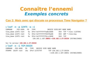 Connaître l’ennemi
Exemples concrets

Cas 2: Mais avec qui discute ce processus Time Navigator ?
$

lsof -n -p 12475 -a –i

COMMAND
PID USER
tina_daem 12475 root
tina_daem 12475 root
tina_daem 12475 root

FD
6u
7u
8u

TYPE
DEVICE SIZE/OFF NODE NAME
IPv4 0xffffffffadbc6880
0t0 TCP *:tina (LISTEN)
IPv4 0xffffffff933fbe00
0t0 UDP *:tina-msg
IPv4 0xffffffff9ccc5040
0t0 TCP
138.102.1.107:38051->138.102.1.27:59334 (ESTABLISHED)

Sur le serveur 138.102.1.27:59334
#

lsof -n -i TCP:59334

COMMAND
PID USER
ATEMPO 16247 root

FD
16u

TYPE
DEVICE SIZE NODE NAME
IPv4 11757747
TCP 138.102.1.27:59334
->138.102.1.107:38051 (ESTABLISHED)

 