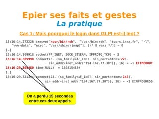 Epier ses faits et gestes
La pratique

Cas 1: Mais pourquoi le login dans GLPI est-il lent ?
18:16:14.272226 execve("/usr/bin/rsh", ["/usr/bin/rsh", "tours.inra.fr", "-l",
"www-data", "exec", "/usr/sbin/rimapd"], [/* 8 vars */]) = 0
[…]
18:16:14.309918 socket(PF_INET, SOCK_STREAM, IPPROTO_TCP) = 3
18:16:14.309990 connect(3, {sa_family=AF_INET, sin_port=htons(22),
sin_addr=inet_addr("194.167.77.30")}, 16) = -1 ETIMEDOUT
18:16:29.305480 time(NULL) = 1308154589
[…]
18:16:29.321394 connect(23, {sa_family=AF_INET, sin_port=htons(143),
sin_addr=inet_addr("194.167.77.30")}, 16) = -1 EINPROGRESS

On a perdu 15 secondes
entre ces deux appels

 