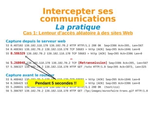 Intercepter ses
communications
La pratique

Cas 1: Lenteur d’accès aléatoire à des sites Web
Capture depuis le serveur web
53 0.487102 138.102.118.170 138.102.70.2 HTTP HTTP/1.1 200 OK Seq=3306 Ack=395, Len=567
54 0.488361 138.102.70.2 138.102.118.170 TCP 58683 > http [ACK] Seq=395 Ack=1846 Len=0
55 0.586329 138.102.70.2 138.102.118.170 TCP 58683 > http [ACK] Seq=395 Ack=3306 Len=0

…
56 5.260048 138.102.118.170 138.102.70.2 TCP [Retransmission] Seq=3306 Ack=395, Len=567
57 5.306327 138.102.70.2 138.102.118.170 HTTP GET /toto HTTP/1.0 Seq=395 Ack=3873, Len=325

Capture avant le routeur
53
54
55
56

0.488462
0.586425
5.260831
5.306787

138.102.70.2 138.102.118.170 TCP 58683 > http [ACK] Seq=395 Ack=1846 Len=0
138.102.70.2 138.102.118.170 TCP 58683 > http [ACK] Seq=395 Ack=3306 Len=0
Pendant 5 secondes !!
138.102.118.170 138.102.70.2 HTTP HTTP/1.1 200 OK (text/css)
138.102.70.2 138.102.118.170 HTTP GET /7pc/images/eurosfaire-trans.gif HTTP/1.0

 