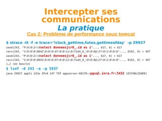 Intercepter ses
communications
La pratique

Cas 2: Problème de performance sous tomcat
$ strace -tt -f -e trace='!clock_gettime,futex,gettimeofday' -p 29927
send(243, "P002<0select donneesjcr0_.id as i"..., 617, 0) = 617
recv(243, "100000420004T001z0fid4_0_000@2701000"..., 8192, 0) = 487
send(243, "P002<0select donneesjcr0_.id as i"..., 617, 0) = 617
recv(243, "100000420004T001z0fid4_0_000@2701000"..., 8192, 0) = 487
[…] (en boucle)

$ lsof -d 243 -a -p 5937
java 29927 appli 243u IPv6 247 TCP appserver:60170->pgsql.inra.fr:5432 (ESTABLISHED)

 