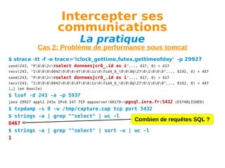 Intercepter ses
communications
La pratique

Cas 2: Problème de performance sous tomcat
$ strace -tt -f -e trace='!clock_gettime,futex,gettimeofday' -p 29927
send(243, "P002<0select donneesjcr0_.id as i"..., 617, 0) = 617
recv(243, "100000420004T001z0fid4_0_000@2701000"..., 8192, 0) = 487
send(243, "P002<0select donneesjcr0_.id as i"..., 617, 0) = 617
recv(243, "100000420004T001z0fid4_0_000@2701000"..., 8192, 0) = 487
[…] (en boucle)

$ lsof -d 243 -a -p 5937
java 29927 appli 243u IPv6 247 TCP appserver:60170->pgsql.inra.fr:5432 (ESTABLISHED)

$ tcpdump -s 0 -w /tmp/capture.cap tcp port 5432
$ strings -a | grep "^select" | wc -l
Combien de requêtes SQL ?
8467
$ strings -a | grep "^select" | sort -u | wc -l
1

 
