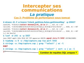 Intercepter ses
communications
La pratique

Cas 2: Problème de performance sous tomcat
$ strace -tt -f -e trace='!clock_gettime,futex,gettimeofday' -p 29927
send(243, "P002<0select donneesjcr0_.id as i"..., 617, 0) = 617
recv(243, "100000420004T001z0fid4_0_000@2701000"..., 8192, 0) = 487
send(243, "P002<0select donneesjcr0_.id as i"..., 617, 0) = 617
recv(243, "100000420004T001z0fid4_0_000@2701000"..., 8192, 0) = 487
[…] (en boucle)

$ lsof -d 243 -a -p 5937
java 29927 appli 243u IPv6 247 TCP appserver:60170->pgsql.inra.fr:5432 (ESTABLISHED)

$ tcpdump -s 0 -w /tmp/capture.cap tcp port 5432
$ strings -a /tmp/capture.cap | grep "^select" | wc -l
8467
$ strings -a /tmp/capture.cap | grep "^select" | sort -u | wc -l
1

Combien de requêtes SQL uniques ?

 