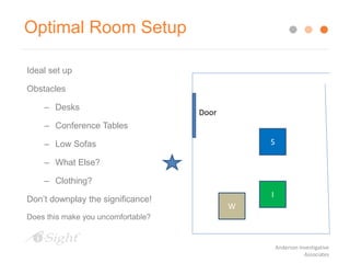 Optimal Room Setup
Ideal set up
Obstacles
– Desks
– Conference Tables
– Low Sofas
– What Else?
– Clothing?
Don’t downplay the significance!
Does this make you uncomfortable?
W
I
S
Door
Anderson Investigative
Associates
 