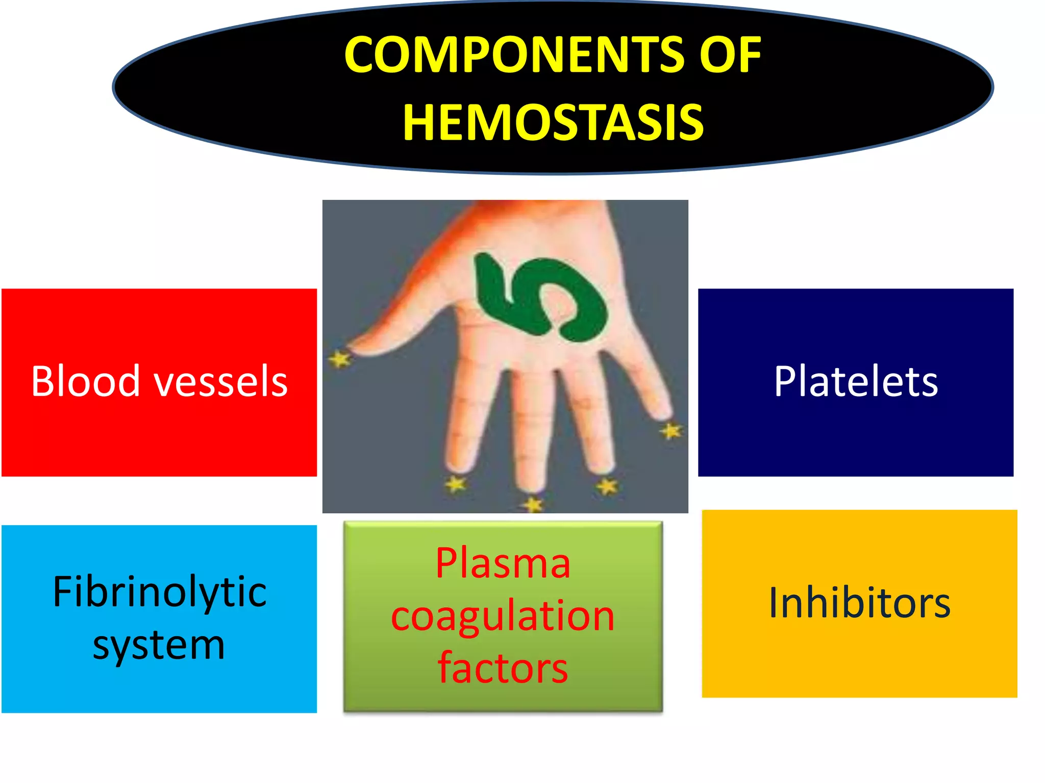 Blood vessels Platelets
Plasma
coagulation
factors
InhibitorsFibrinolytic
system
COMPONENTS OF
HEMOSTASIS
 
