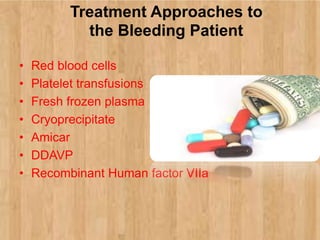 Treatment Approaches to
the Bleeding Patient
• Red blood cells
• Platelet transfusions
• Fresh frozen plasma
• Cryoprecipitate
• Amicar
• DDAVP
• Recombinant Human factor VIIa
 