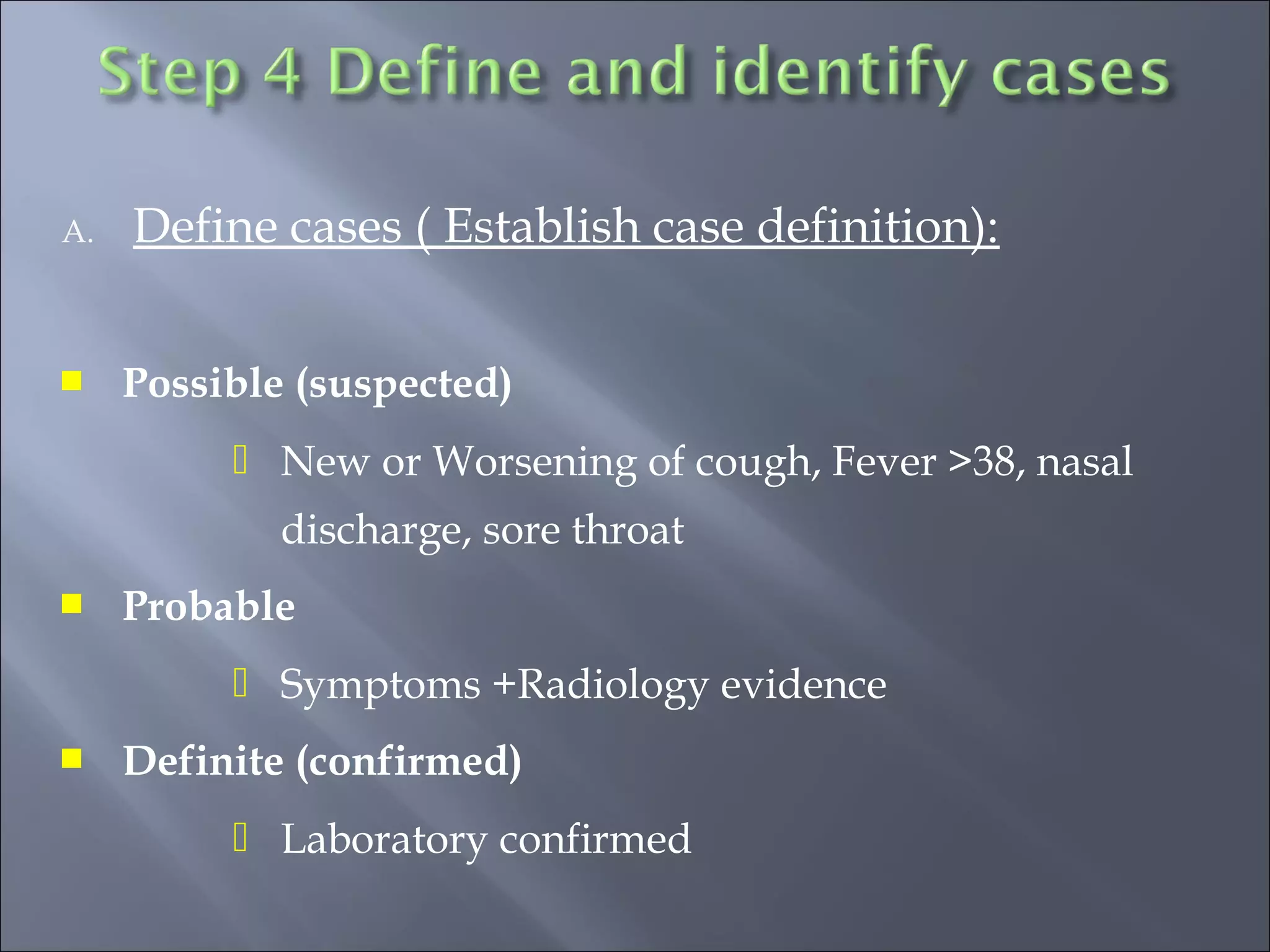 A. Define cases ( Establish case definition):
 Possible (suspected)
 New or Worsening of cough, Fever >38, nasal
discharge, sore throat
 Probable
 Symptoms +Radiology evidence
 Definite (confirmed)
 Laboratory confirmed
 