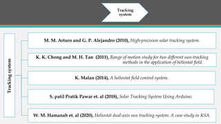Tracking
system
M. M. Arturo and G. P. Alejandro (2010), High-precision solar tracking system.
K. K. Chong and M. H. Tan (...