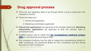 Drug approval process
 There are two regulatory steps to go through before a drug is approved to be
marketed in the EU.
 These two steps are:-
1. Clinical trial application
2. Marketing authorization application
 Clinical trial applications are approved at the member state level. Marketing
authorization applications are approved at both the member state or
centralized levels.
 Qualified person has to certify that the investigational medicinal product
(IMP) is manufactured according to GMP.
 The competent Authority has the right to inspect the manufacturing facility for
GMP compliance, the preclinical facility for GLP compliance and the clinical
trial sites for GCP compliance.
2/17/2018Department of Pharmacy, Assam Down Town University
5
 