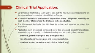 Clinical Trial Application:
 EU Directive 2001/20/EC (April 2001) sets out the new rules and regulations for
the approval and conduct of clinical trials in Europe.
 A sponsor submits a clinical trial application to the Competent Authority in
each Member State where the trials are to be conducted.
 The Competent Authority has 60 days to review and approve or reject the
application.
 Application is in prescribed forms and cover the proposed clinical trial protocol,
manufacturing and quality controls on the drug and supporting data, such as:
- chemical, pharmacological and biological data
- non-clinical pharmacological and toxicological data
- previous human experience and clinical data (if any)
2/17/2018Department of Pharmacy, Assam Down Town University
6
 