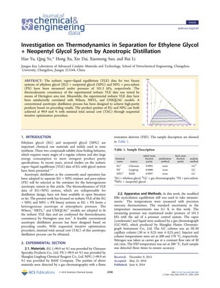 Investigation on Thermodynamics in Separation for Ethylene Glycol
+ Neopentyl Glycol System by Azeotropic Distillation
Hao Yu, Qing Ye,* Hong Xu, Xin Dai, Xiaomeng Suo, and Rui Li
Jiangsu Key Laboratory of Advanced Catalytic Materials and Technology, School of Petrochemical Engineering, Changzhou
University, Changzhou, Jiangsu 213164, China
ABSTRACT: The isobaric vapor−liquid equilibrium (VLE) data for two binary
systems of ethylene glycol (EG) + neopentyl glycol (NPG) and NPG + para-xylene
(PX) have been measured under pressure of 101.3 kPa, respectively. The
thermodynamic consistency of the experimental isobaric VLE data was tested by
means of Herington area test. Meanwhile, the experimental isobaric VLE data have
been satisfactorily correlated with Wilson, NRTL, and UNIQUAC models. A
conventional azeotropic distillation process has been designed to achieve high-purity
products based on preceding results. The product purities of EG and NPG can both
achieved at 99.9 mol % with minimal total annual cost (TAC) through sequential
iterative optimization procedure.
1. INTRODUCTION
Ethylene glycol (EG) and neopentyl glycol (NPG) are
important chemical raw materials and widely used in resin
synthesis. These two compounds exhibit close-boiling behavior,
which requires many stages of a regular column and also large
energy consumption to meet stringent product purity
speciﬁcations. In recent years, several studies on the isobaric
vapor−liquid equilibrium (VLE) data of EG with glycol system
have been presented.1,2
Azeotropic distillation as the commonly used operation has
been adopted to separate EG + NPG mixture and para-xylene
(PX) will be selected as the entrainer for the heterogeneous
azeotropic system in this article. The thermodynamics of VLE
data of EG−NPG system, which are indispensable for
distillation design, have not been available in open literature
so far. The present work has focused on isobaric VLE of the EG
+ NPG and NPG + PX binary systems as EG + PX forms a
heterogeneous azeotrope at atmospheric pressure. The
Wilson,3
NRTL,4
and UNIQUAC5
models are adopted to ﬁt
the isobaric VLE data and are conﬁrmed the thermodynamic
consistency by Herington area test.6
A feasible conventional
azeotropic distillation process has been designed based on
preceding results. With sequential iterative optimization
procedure, minimal total annual cost (TAC) of this azeotropic
distillation process can be obtained.
2. EXPERIMENTAL SECTION
2.1. Materials. EG (>99.9 wt %) was provided by Chinasun
Specialty Products Co., Ltd. PX (>99.9 wt %) was provided by
Shanghai Lingfeng Chemical Reagent Co., Ltd. NPG (>99.9 wt
%) was provided by BASF Company. The purities of above
materials were detected by a gas chromatography with a ﬂame
ionization detector (FID). The sample description are showed
in Table 1.
2.2. Apparatus and Methods. In this work, the modiﬁed
Ellis recirculation equilibrium still was used to take measure-
ments.7
The temperatures were measured with precision
mercury thermometers. The standard uncertainty in the
temperature measurements was 0.1 K in this work. The
measuring pressure was maintained under pressure of 101.3
kPa with the aid of a pressure control system. The vapor
(condensate) and liquid were analyzed by a gas chromatograph
(GC-950), which produced by Shanghai Haixin Chromato-
graph Instrument Co., Ltd. The GC column was an SE-30
capillary column (30 m × 0.25 mm × 0.25 μm). Injector and
column temperatures were set at 200 and 170 °C, respectively.
Nitrogen was taken as carrier gas at a constant ﬂow rate of 30
mL/min. The FID temperature was set at 200 °C. Each sample
was detected three times to ensure accuracy.
Received: December 9, 2015
Accepted: May 25, 2016
Published: June 6, 2016
Table 1. Sample Description
chemical
name source
initial mass
fraction
purity
puriﬁcation
method
ﬁnal mass
fraction
purity
analysis
method
EGa
Chinasun 0.9995 none GCb
PXc
Lingfeng 0.9900 none GC
NPGd
BASF 0.9997 none GC
a
EG = ethylene glycol. b
GC = gas chromatography. c
PX = para-xylene.
d
NPG = neopentyl glycol.
Article
pubs.acs.org/jced
© 2016 American Chemical Society 2330 DOI: 10.1021/acs.jced.5b01044
J. Chem. Eng. Data 2016, 61, 2330−2334
 