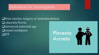 Indication for investigation
Prior uterine surgery or instrumentation
placenta Previa
Advanced maternal age
Grand multipara
IVF