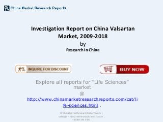 Investigation Report on China Valsartan
Market, 2009-2018
by
Research In China

Explore all reports for “Life Sciences”
market
@

http://www.chinamarketresearchreports.com/cat/li
fe-sciences.html .
© ChinaMarketResearchReports.com ;
sales@chinamarketresearchreports.com ;
+1 888 391 5441

 