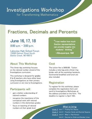 Investigations Workshop
for Transforming Mathematics
June 16, 17, 18
8:00 a.m. - 3:00 p.m.
Lakeview High School Forum
15060 Helmer Road South
Battle Creek, MI 49015
About This Workshop
This three-day workshop focuses
on the rational number strand of the
Investigations curriculum.
This workshop is designed for grades
2 to 6 teachers who have either been
using Investigations as their primary
curriculum or are new to Investigations.
Participants will:
•	 gain a better understanding of
rational numbers
•	 recognize the importance of the
conceptual work with rational
numbers in the elementary grades
•	 focus on teaching of rational
numbers at their grade level
Cost
The tuition fee is $450.00. Tuition
includes a tote bag and a three-ring
binder with all the workshop handouts.
Continental breakfast and lunch are
also included.
Registration
To register for this workshop, please
complete the registration form and
send to Investigations Workshops at
the address provided on the form. The
deadline to register is April 18th.
“I now realize how much
fraction representations
can provide insights into
students’ thinking.”
-Albuquerque, NM
Fractions, Decimals and Percents
What to bring:
Grade 3: Unit 7 - Finding Fair Shares
Grade 4: Unit 6 - Fraction Cards and Decimal Squares
Grade 5: Unit 4 - What’s That Portion
Unit 6 - Decimal on Grids and Number Lines
 