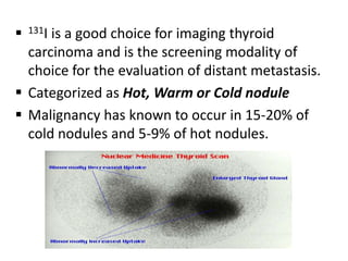 

131I

is a good choice for imaging thyroid
carcinoma and is the screening modality of
choice for the evaluation of distant metastasis.
 Categorized as Hot, Warm or Cold nodule
 Malignancy has known to occur in 15-20% of
cold nodules and 5-9% of hot nodules.

 