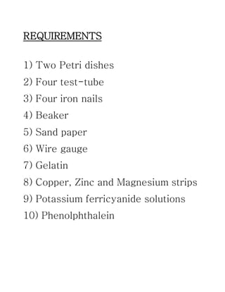 REQUIREMENTS
1) Two Petri dishes
2) Four test-tube
3) Four iron nails
4) Beaker
5) Sand paper
6) Wire gauge
7) Gelatin
8) Copper, Zinc and Magnesium strips
9) Potassium ferricyanide solutions
10) Phenolphthalein
 