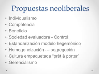 Propuestas neoliberales
• Individualismo
• Competencia
• Beneficio
• Sociedad evaluadora - Control
• Estandarización modelo hegemónico
• Homogeneización --- segregación
• Cultura empaquetada “prêt à porter”
• Gerencialismo
 