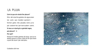 LA PLUJA
Com és que els núvols fan ploure?
Dins del núvol les gotetes de aigua estan
tan junts que s’acaben ajuntant i
formen gotes més pesades. L’aire ja no
pot sostenir-les i per tant acaben caient.
Si veus un núvol gris o gairebé negre,
pot ploure? Si
Per què?
Perquè té moltes gotetes de pluja que ja no
deixen passar la claror. Això vol dir que estan
a punt de caure i per això plou.
Cuidadors del mar
 