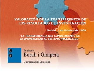 VALORACIÓN DE LA TRANSFERENCIA DE LOS RESULTADOS DE INVESTIGACIÓN Madrid, 2 de Octubre de 2008 “ LA TRANSFERENCIA DEL CONOCIMIENTO DE LA UNIVERSIDAD AL SISTEMA PRODUCTIVO” 