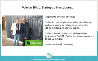 Vale do Silício: Startups e Investidores. 
Lançamento 1ª versão em 2008; 
Em 2010, o site atingiu a marca dos 10 milhões de 
usuários e a primeira rodada de investimentos – 
US$ 20 milhões, pelo Sequoia Capital. 
Em 2011, Sequoia, junto com a Morgenthaler 
Ventures e a DoCoMo Capital fizeram novos aportes 
de US$ 50 milhões. 
Em 2012 mais US$ 70 milhões. 
 