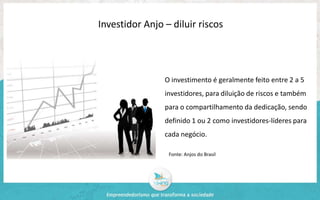 Investidor Anjo – diluir riscos 
O investimento é geralmente feito entre 2 a 5 
investidores, para diluição de riscos e também 
para o compartilhamento da dedicação, sendo 
definido 1 ou 2 como investidores-líderes para 
cada negócio. 
Fonte: Anjos do Brasil 
 