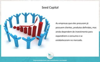 Seed Capital 
As empresas que eles procuram já 
possuem clientes, produtos definidos, mas 
ainda dependem de investimento para 
expandirem o consumo e se 
estabelecerem no mercado. 
 